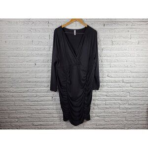 Poseshe Women's 4XL Plus Black Ruched Shirt Dress V-Neck Long Sleeve BLA138E